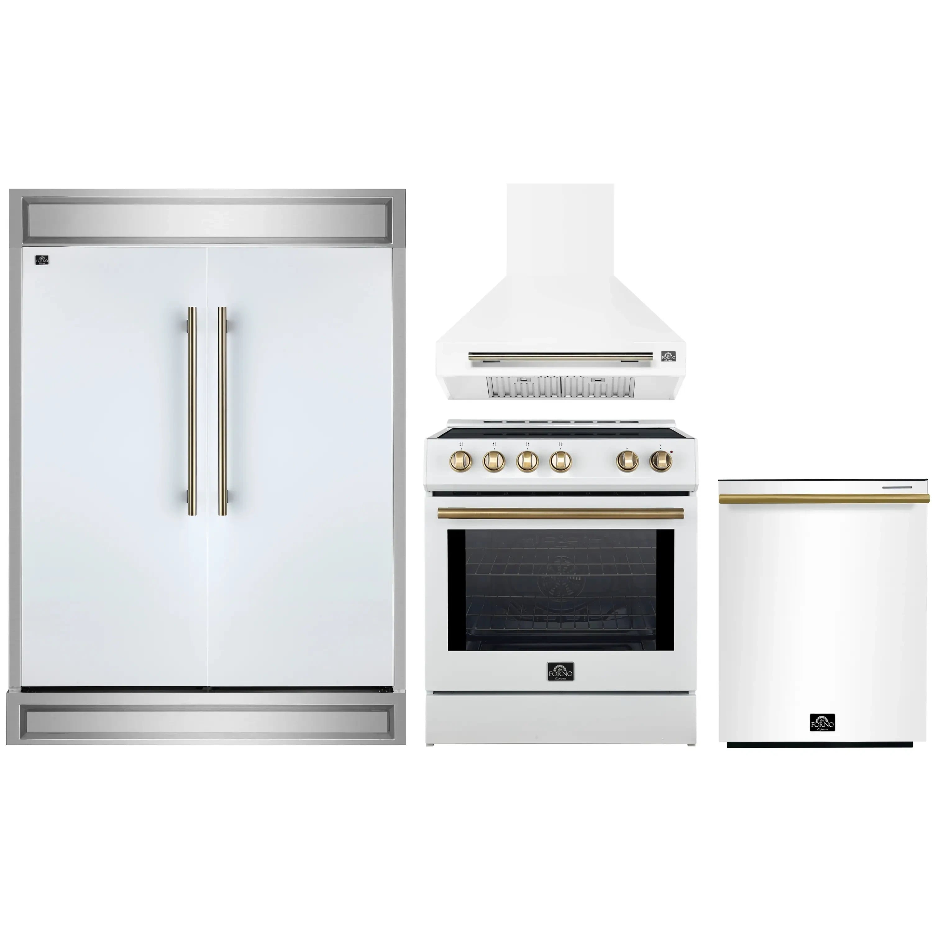 White kitchen appliance package with refrigerator, electric range, range hood, and dishwasher