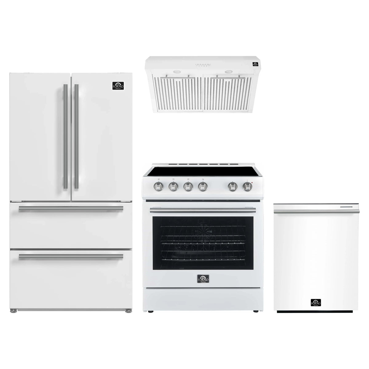 Forno Espresso 4-Piece Appliance Package - 30-Inch Electric Range, Under Cabinet Range Hood, Refrigerator and Dishwasher in White with Stainless Steel Trim