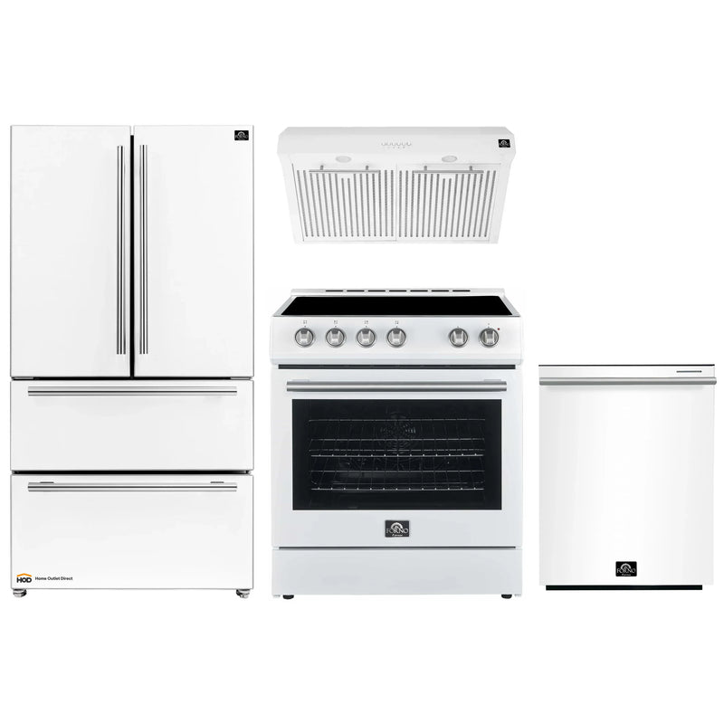 Forno Espresso 4-Piece Appliance Package - 30-Inch Electric Range, Under Cabinet Range Hood, Refrigerator and Dishwasher in White with Stainless Steel Handle