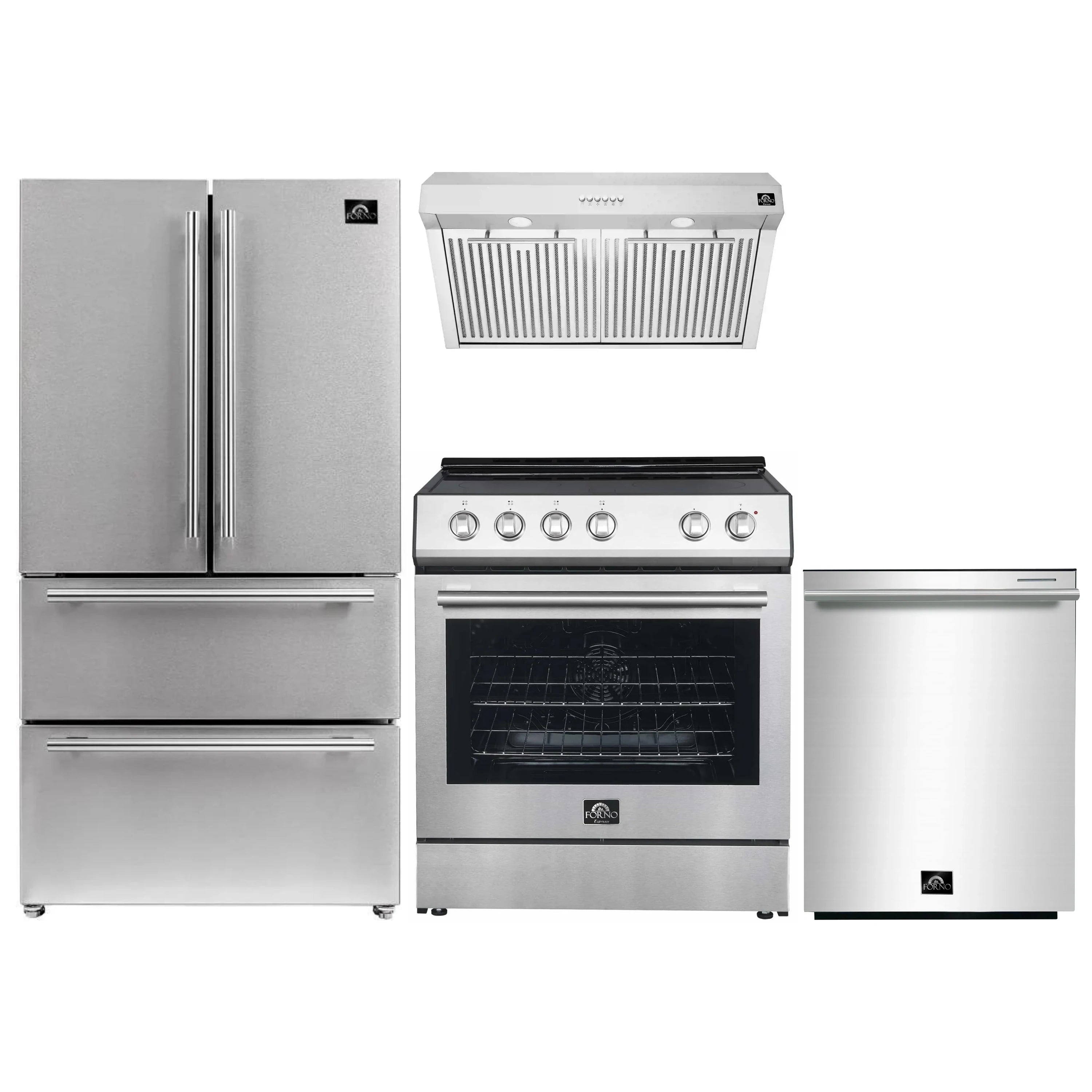 Stainless steel appliance bundle with refrigerator, range, hood, and dishwasher