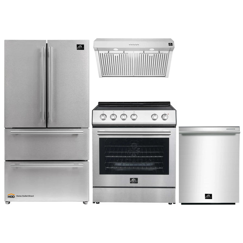 Forno Espresso 4-Piece Appliance Package - 30-Inch Electric Range, Under Cabinet Range Hood, Refrigerator and Dishwasher in Stainless Steel