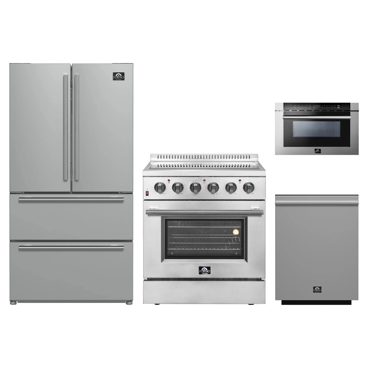 Forno 4-Piece Appliance Package - 30-Inch Electric Range, French Door Refrigerator, Dishwasher, and 24-Inch Microwave Drawer in Stainless Steel