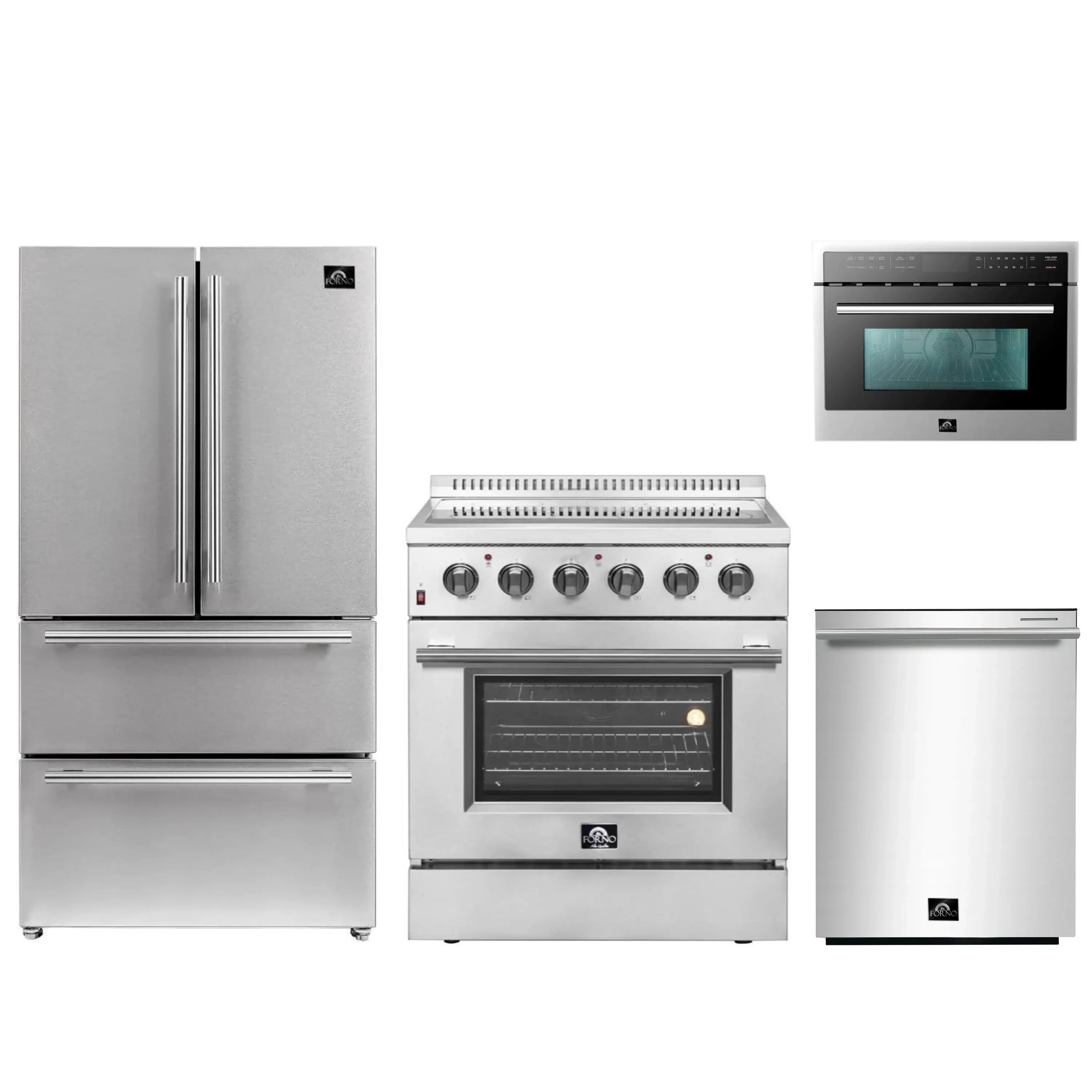 Stainless steel kitchen appliance set: refrigerator, range, and microwave