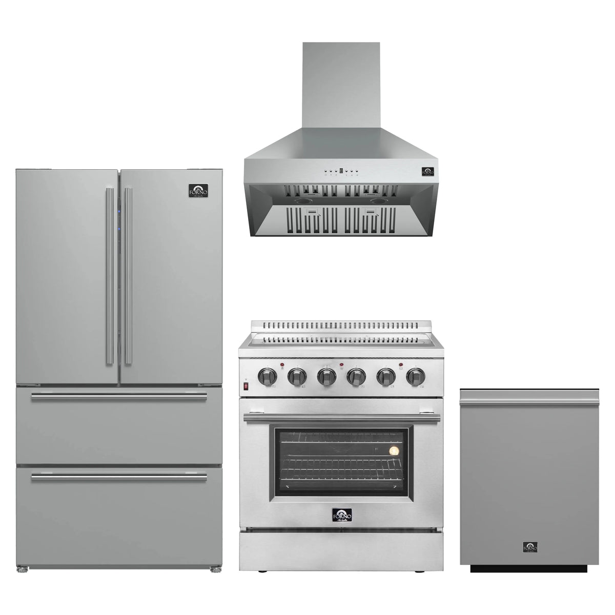 Forno 4-Piece Appliance Package - 30-Inch Electric Range, Wall Mount Range Hood, French Door Refrigerator, and Dishwasher in Stainless Steel