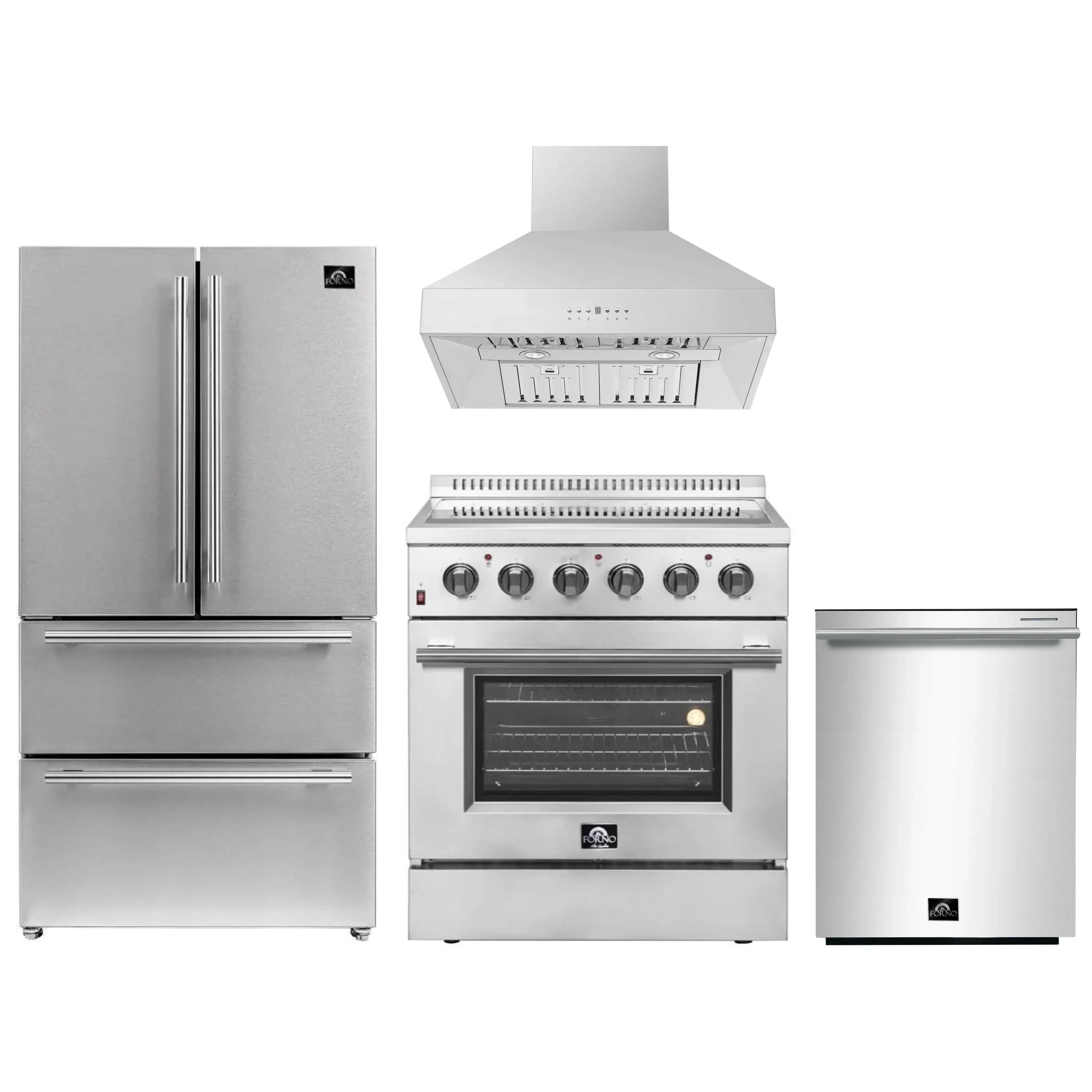 Stainless appliance package: electric range, wall hood, French-door refrigerator, dishwasher