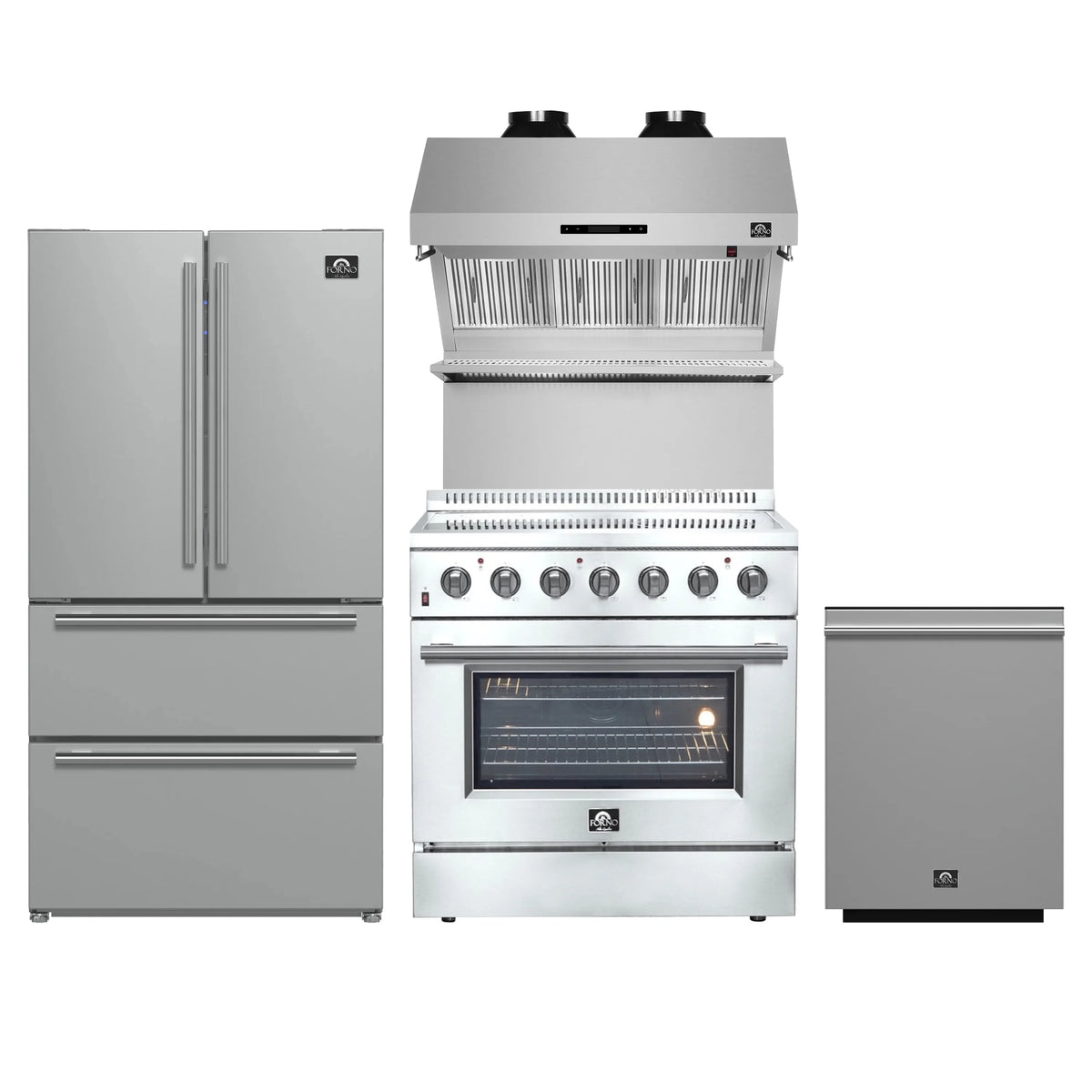 Forno 4-Piece Appliance Package - 36-Inch Electric Range, Wall Mount Range Hood with Backsplash, French Door Refrigerator, and Dishwasher in Stainless Steel