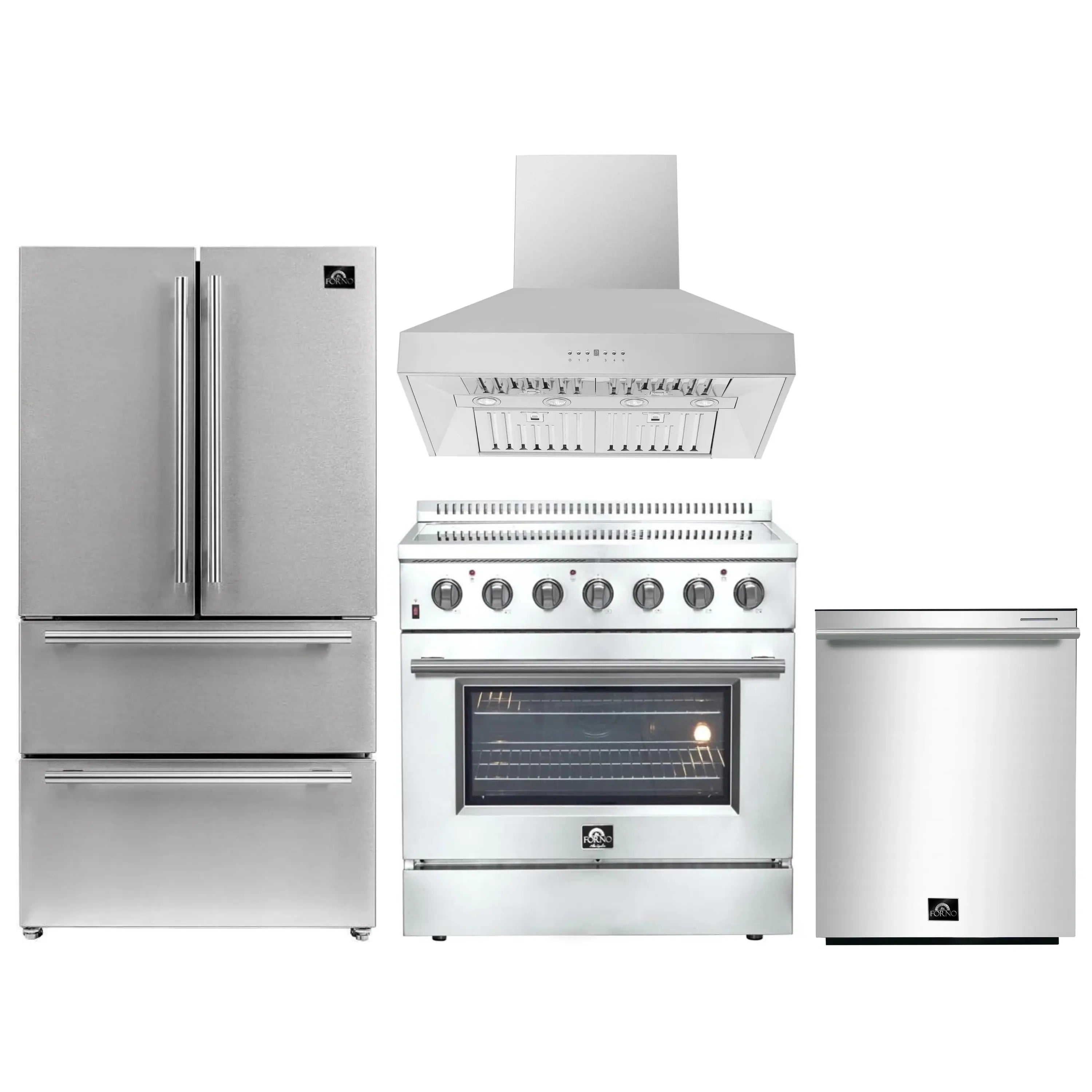 Stainless appliance bundle: electric range with hood, refrigerator and dishwasher