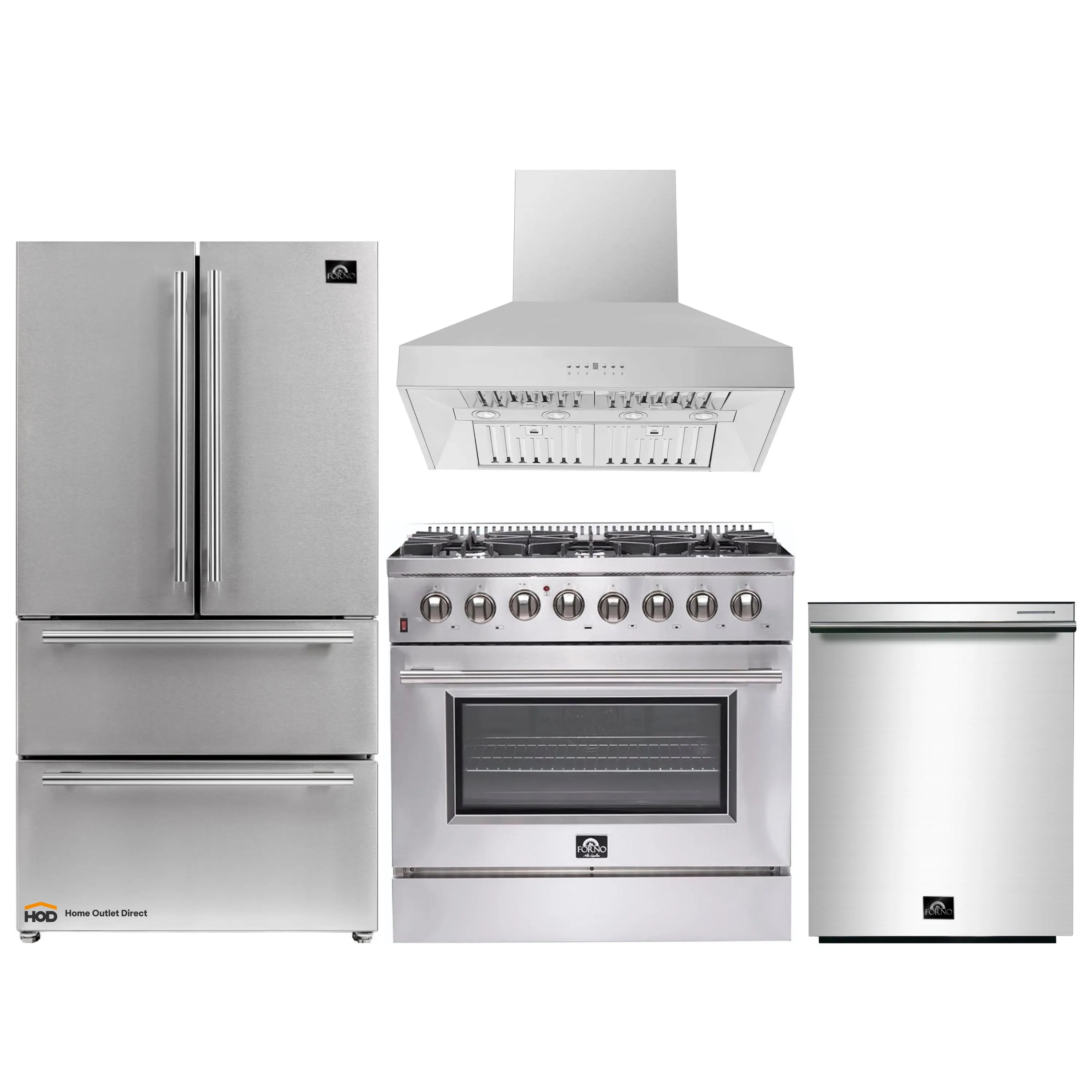 Forno stainless steel appliance package: range, wall hood, refrigerator, and dishwasher