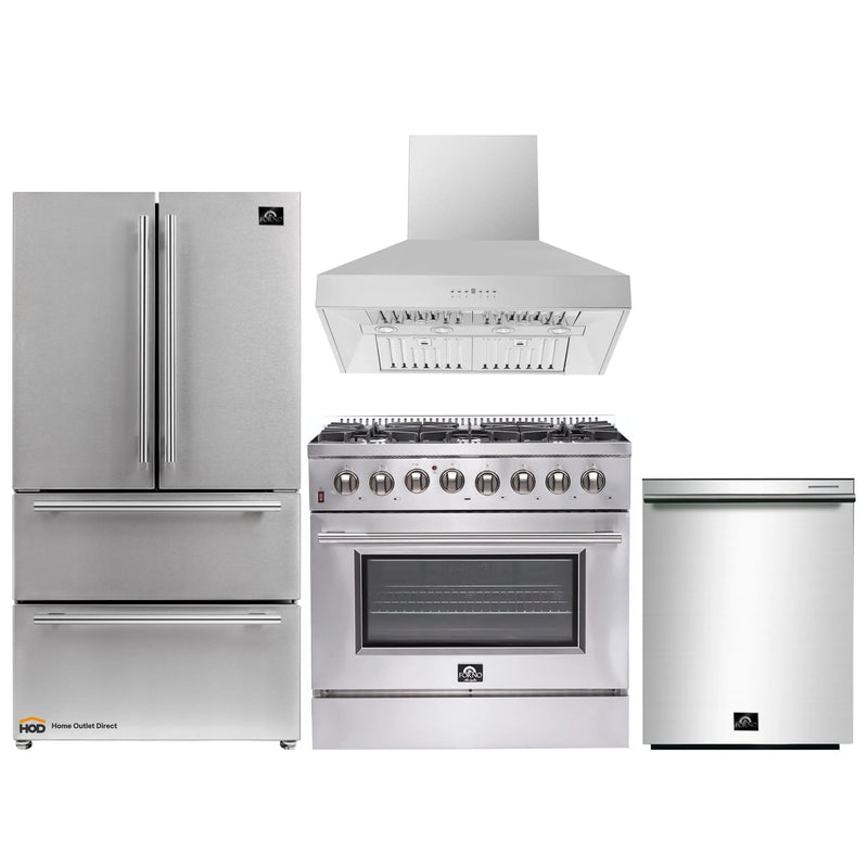 Forno 4-Piece Appliance Package - 36-Inch Dual Fuel Range, Refrigerator, Wall Mount Hood, & 3-Rack Dishwasher in Stainless Steel