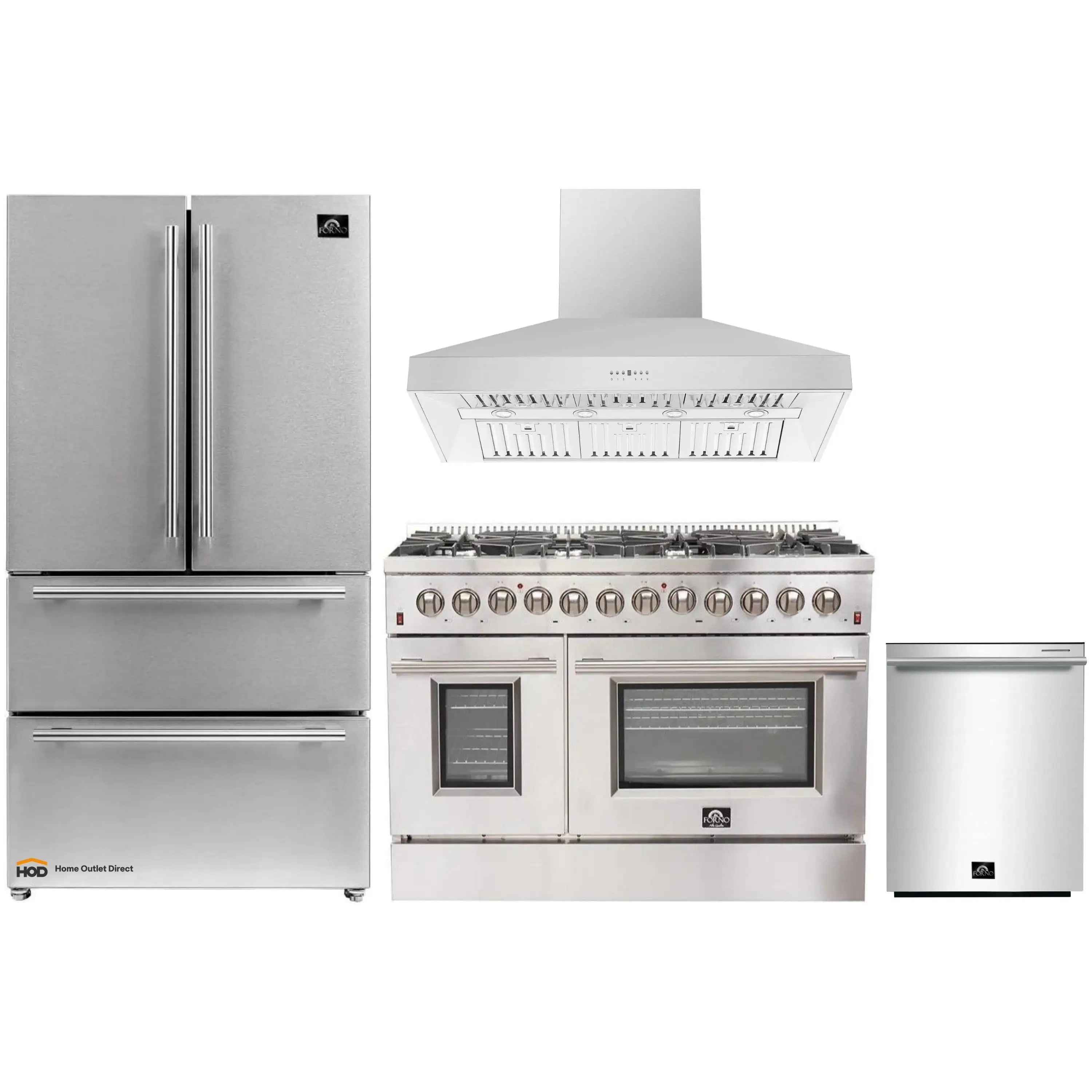 Stainless steel 4-piece kitchen appliance set with refrigerator, range, hood, and dishwasher