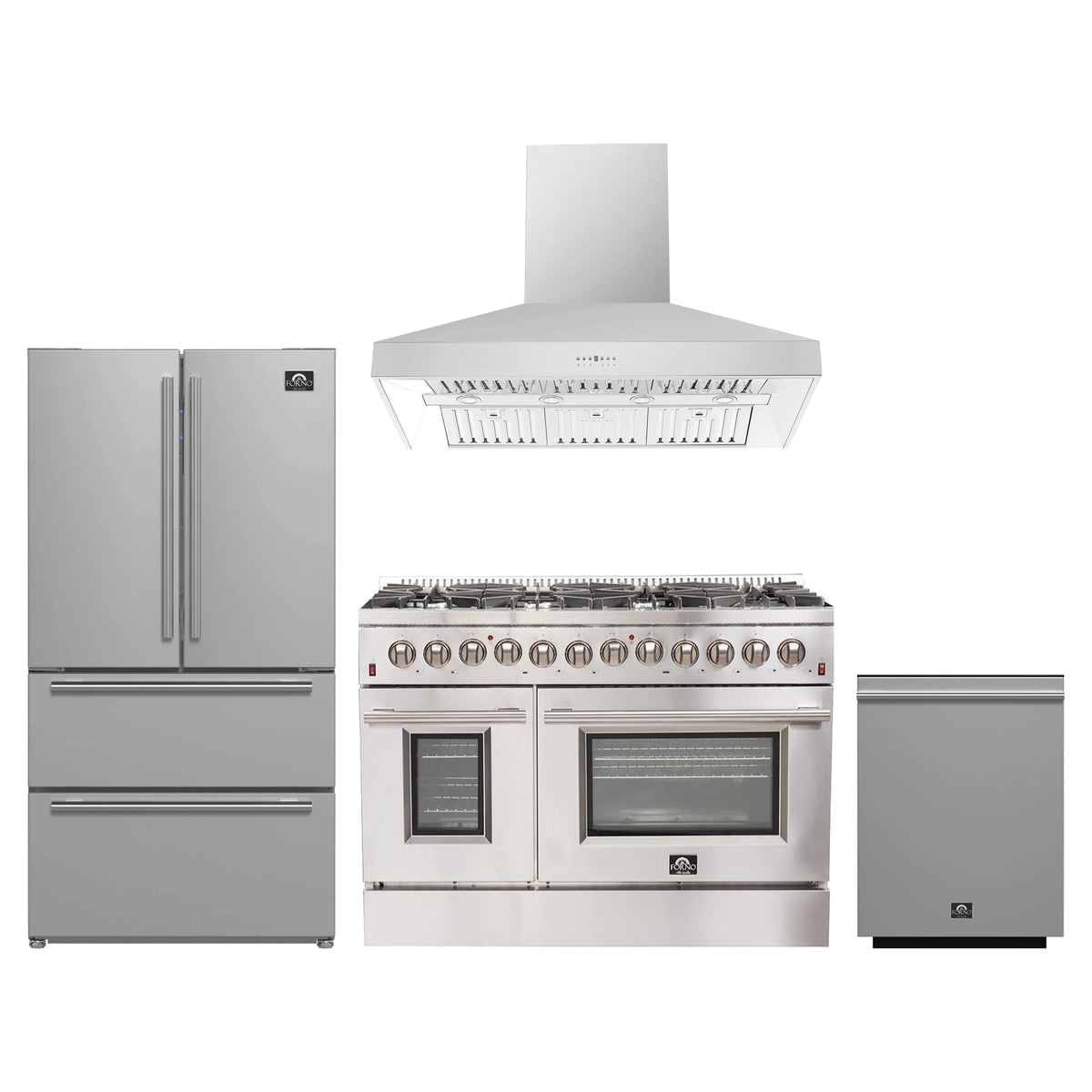 Forno 4-Piece Appliance Package - 48-Inch Dual Fuel Range, Refrigerator, Wall Mount Hood, & 3-Rack Dishwasher in Stainless Steel