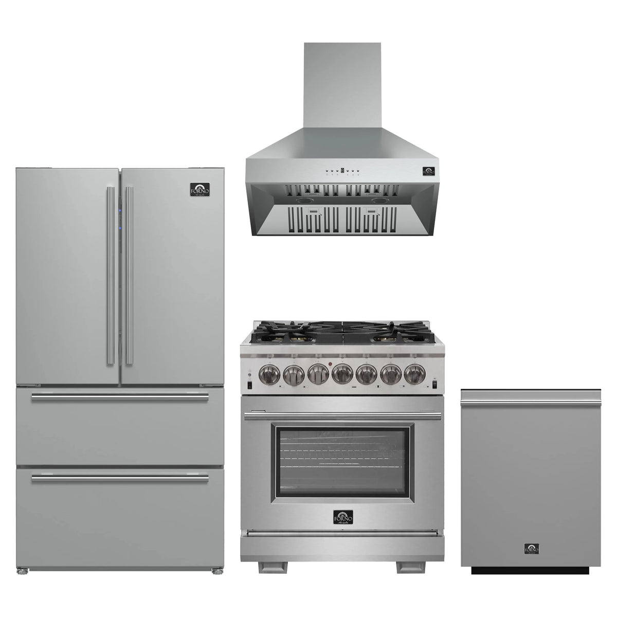 Forno 4-Piece Pro Appliance Package - 30-Inch Dual Fuel Range, Refrigerator, Wall Mount Hood, & 3-Rack Dishwasher in Stainless Steel