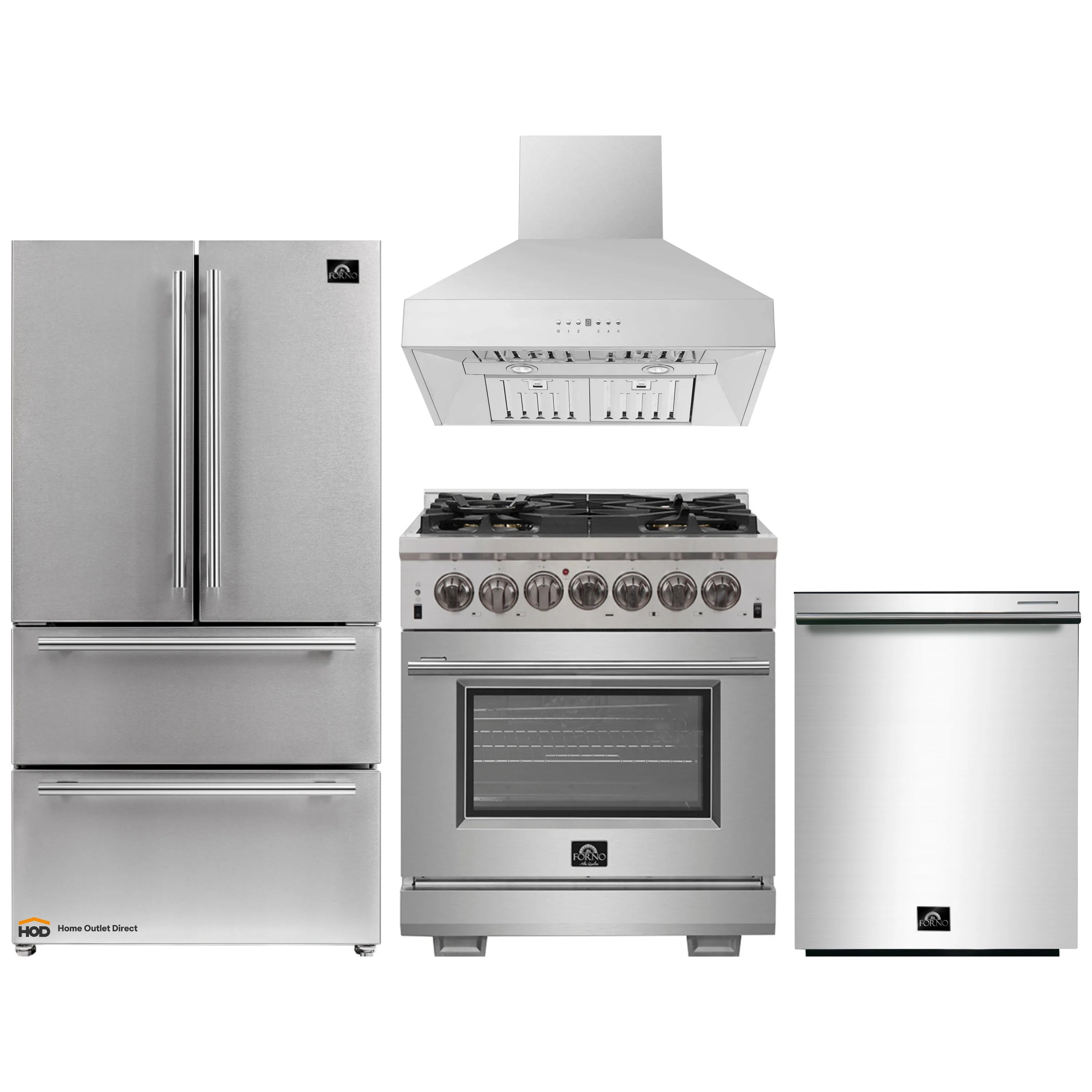 Stainless steel kitchen appliance package: refrigerator, range, hood, dishwasher