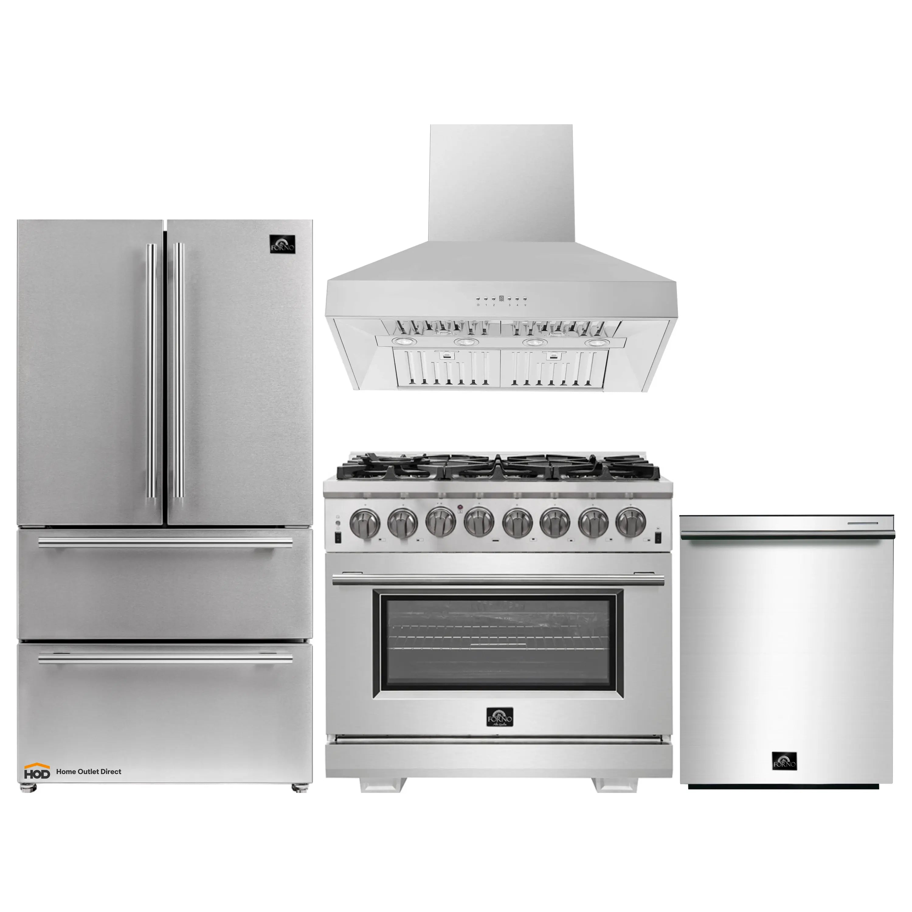 Stainless steel appliance bundle: wall hood, dual-fuel range, refrigerator, dishwasher