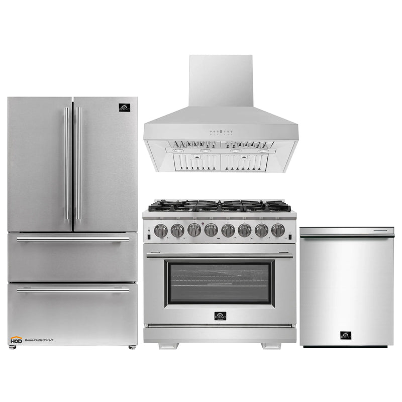 Forno 4-Piece Pro Appliance Package - 36-Inch Dual Fuel Range, Refrigerator, Wall Mount Hood, & 3-Rack Dishwasher in Stainless Steel