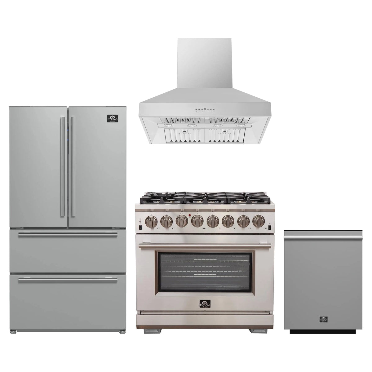 Forno 4-Piece Pro Appliance Package - 36-Inch Dual Fuel Range, Refrigerator, Wall Mount Hood, & 3-Rack Dishwasher in Stainless Steel