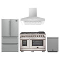 Forno 4-Piece Pro Appliance Package - 48-Inch Dual Fuel Range, Refrigerator, Wall Mount Hood, & 3-Rack Dishwasher in Stainless Steel