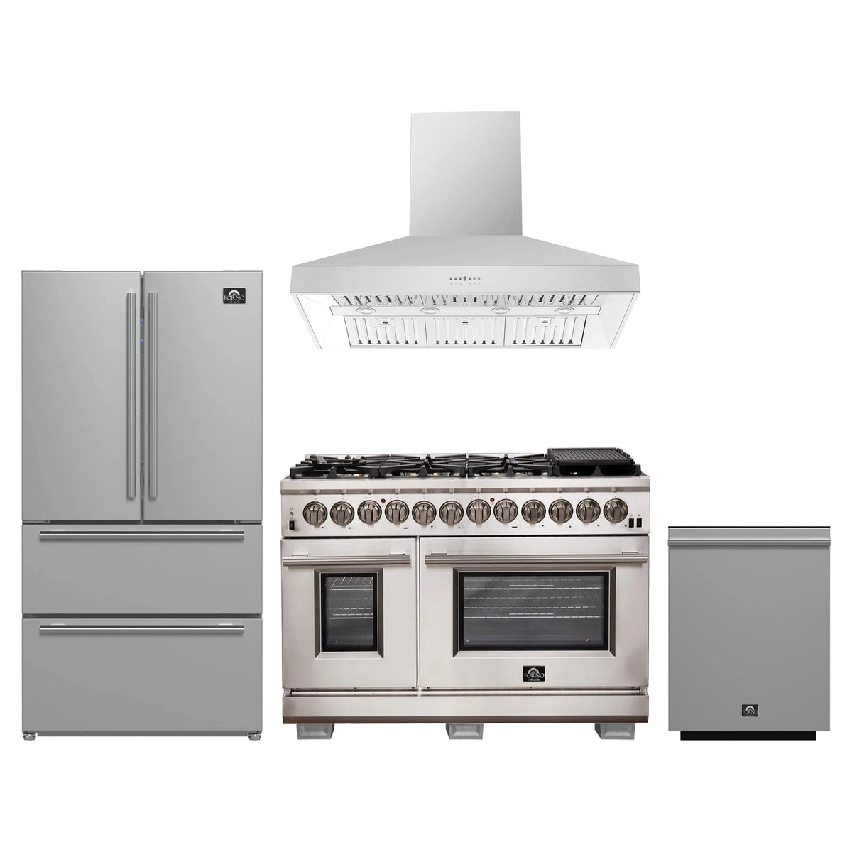 Forno 4-Piece Pro Appliance Package - 48-Inch Dual Fuel Range, Refrigerator, Wall Mount Hood, & 3-Rack Dishwasher in Stainless Steel