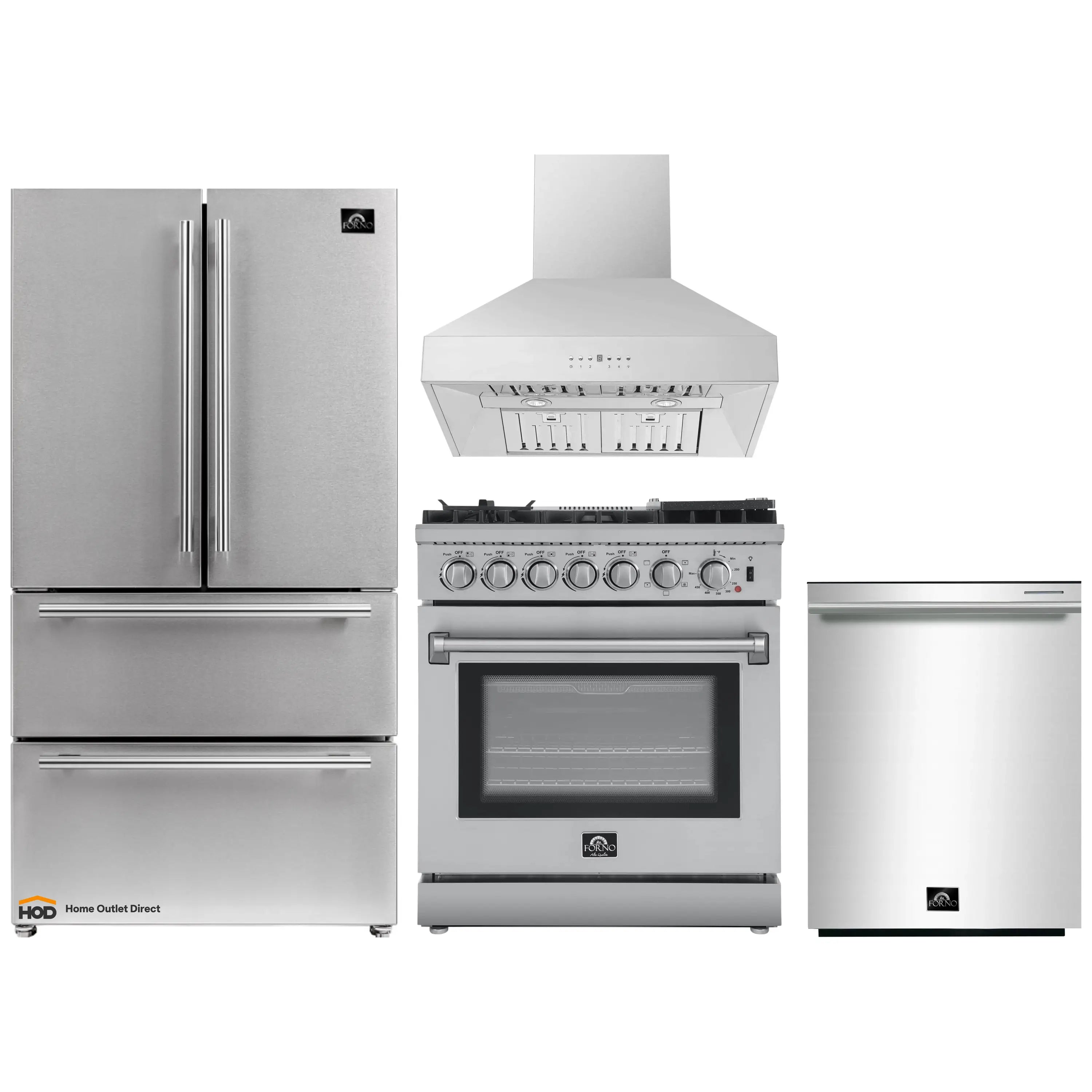 Stainless steel kitchen appliance set with fridge, range, hood, and dishwasher