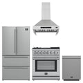 Forno 4-Piece Appliance Package - 30-Inch Dual Fuel Range with Air Fryer, Refrigerator, Wall Mount Hood, & 3-Rack Dishwasher in Stainless Steel