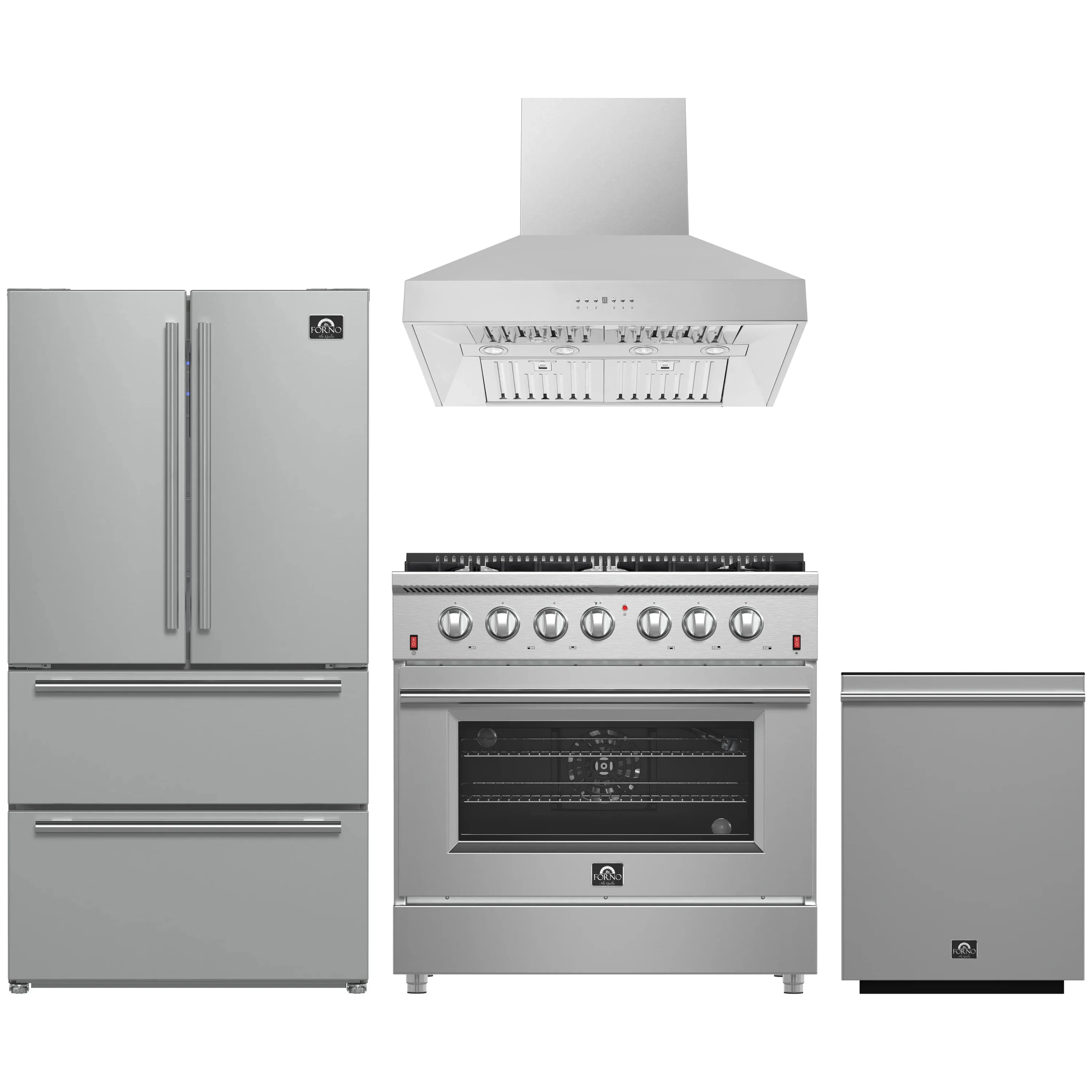Forno stainless steel appliance package with refrigerator, wall hood, range, and dishwasher