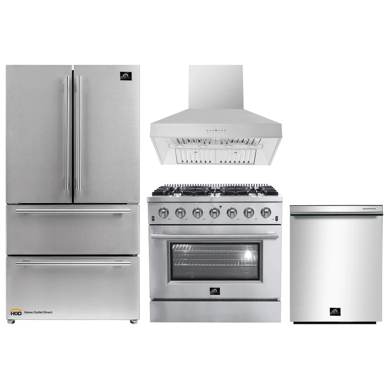 Forno 4-Piece Appliance Package - 36-Inch Gas Range, Refrigerator, Wall Mount Hood, & 3-Rack Dishwasher in Stainless Steel