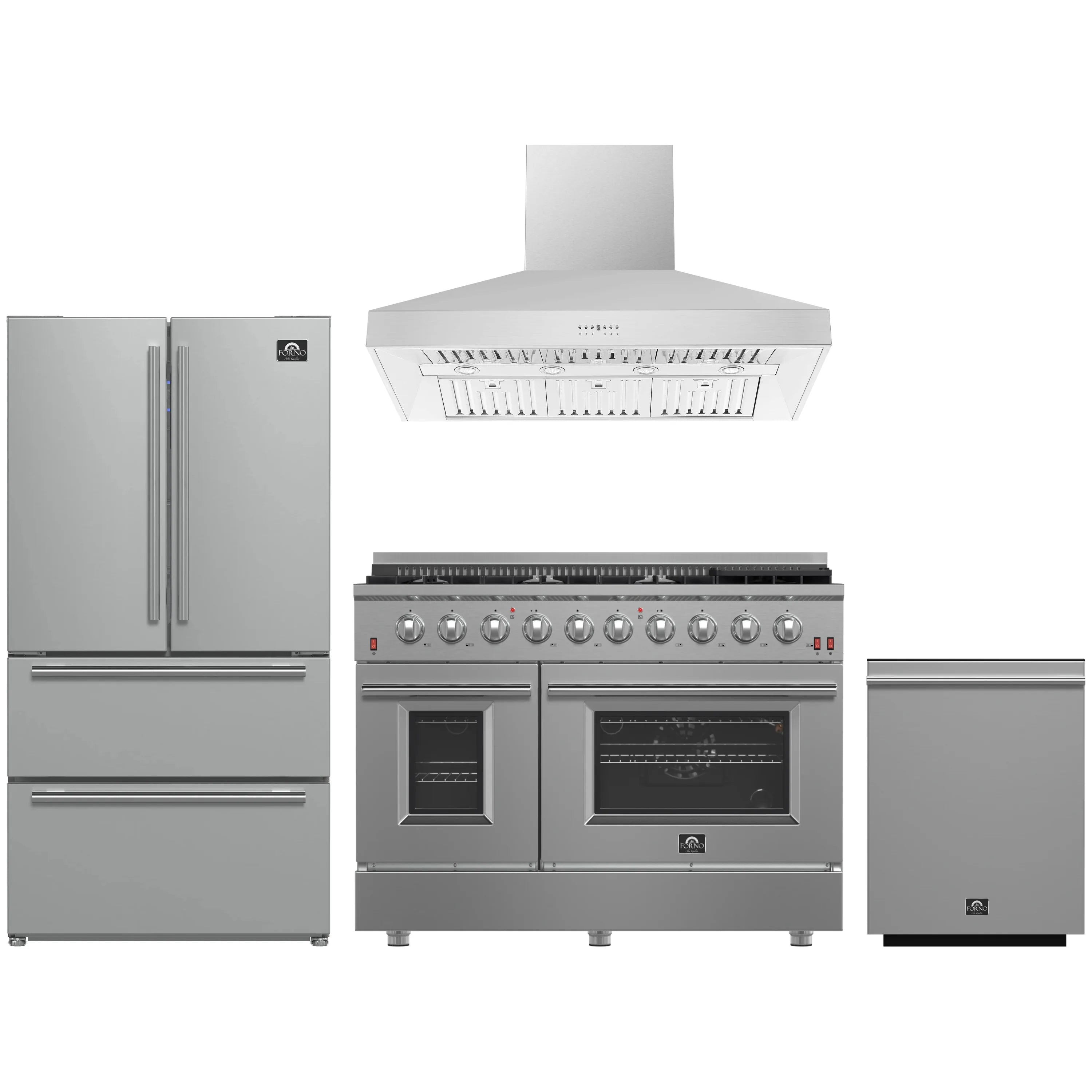 Forno 4-Piece Appliance Package - 48-Inch Gas Range, Refrigerator, Wall Mount Hood, & 3-Rack Dishwasher in Stainless Steel