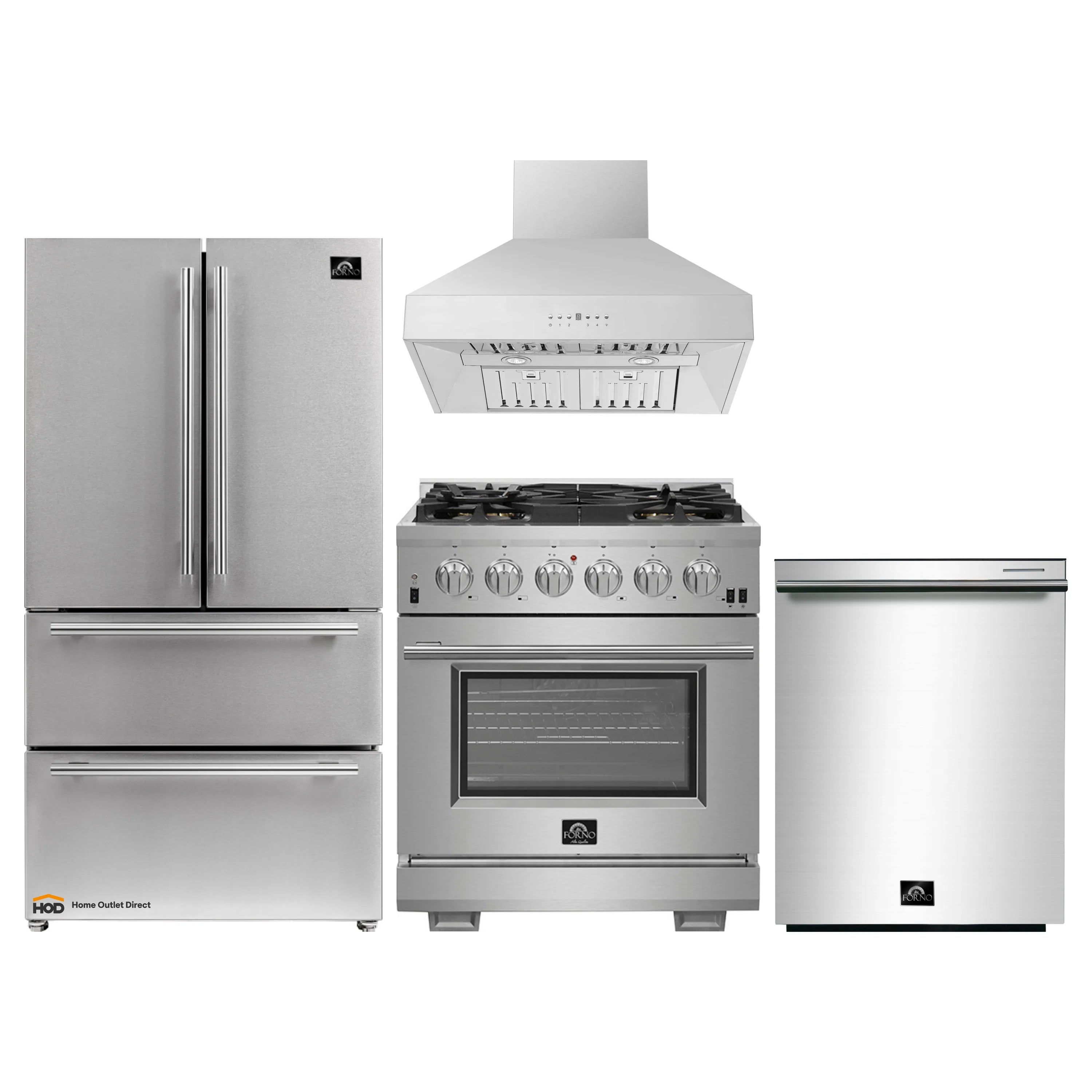 Stainless kitchen appliance set: range hood, gas range, refrigerator, and dishwasher
