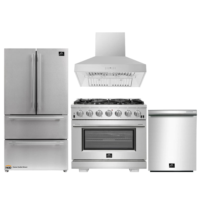 Forno 4-Piece Pro Appliance Package - 36-Inch Gas Range, Refrigerator, Wall Mount Hood, & 3-Rack Dishwasher in Stainless Steel