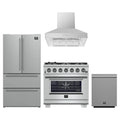 Forno 4-Piece Pro Appliance Package - 36-Inch Gas Range, Refrigerator, Wall Mount Hood, & 3-Rack Dishwasher in Stainless Steel