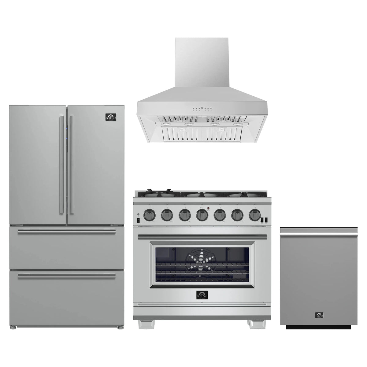 Forno 4-Piece Pro Appliance Package - 36-Inch Gas Range, Refrigerator, Wall Mount Hood, & 3-Rack Dishwasher in Stainless Steel