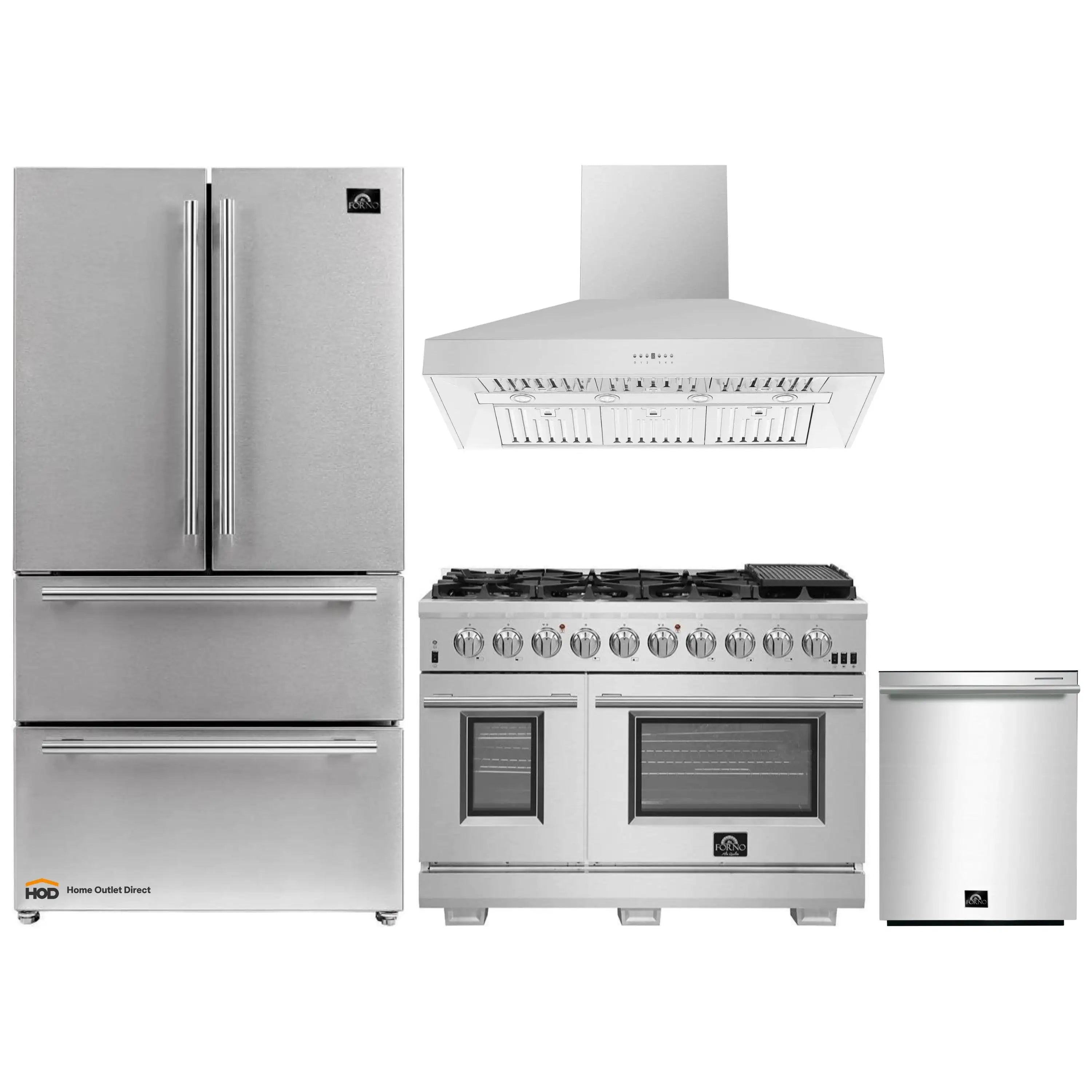 Stainless steel kitchen appliance set with refrigerator, gas range, hood, and dishwasher