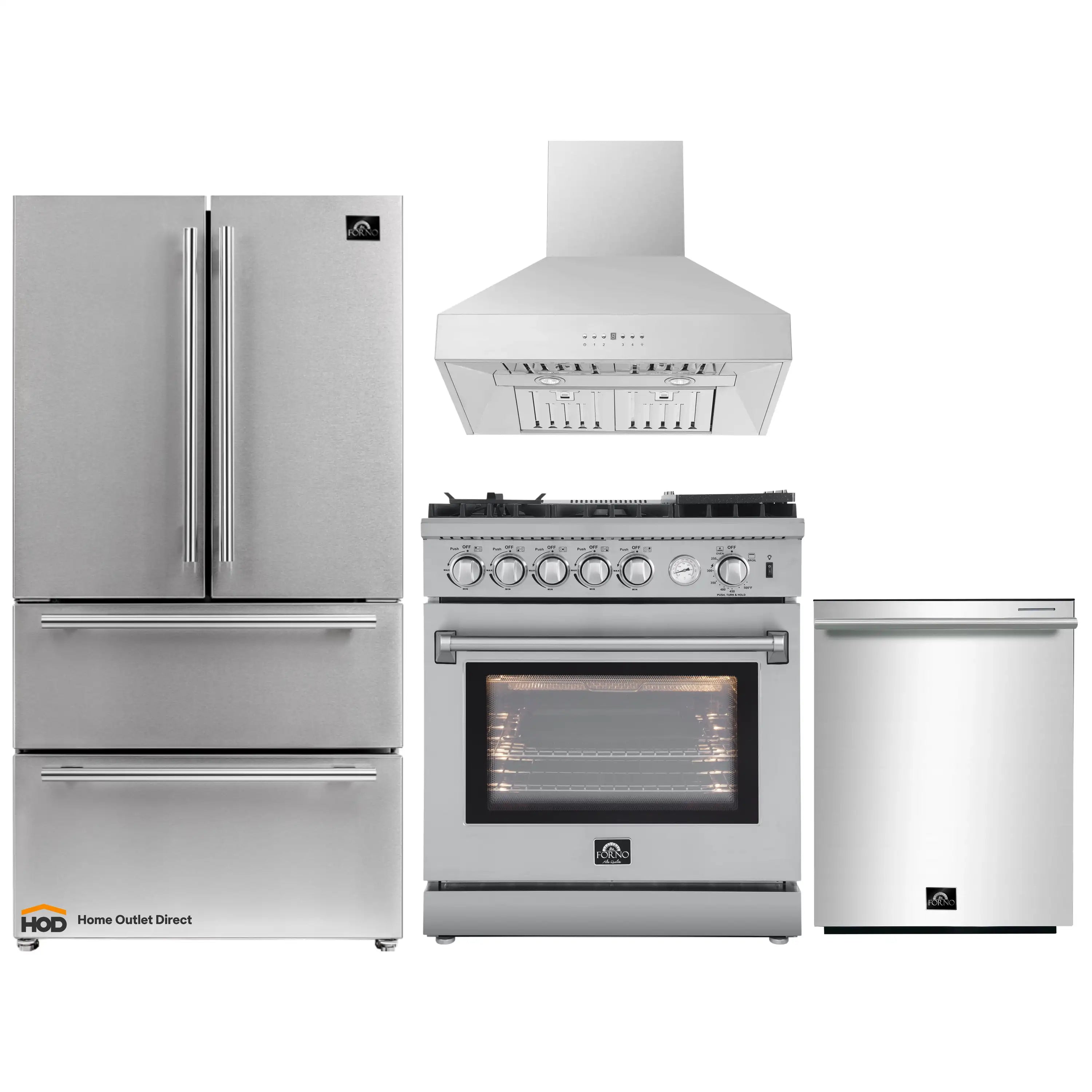 Stainless steel appliance set: refrigerator, gas range with oven window, hood, dishwasher