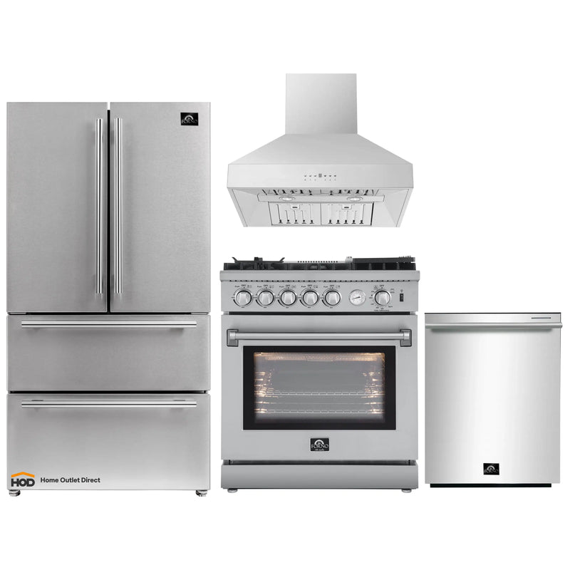 Forno 4-Piece Appliance Package - 30-Inch Gas Range with Air Fryer, Refrigerator, Wall Mount Hood, & 3-Rack Dishwasher in Stainless Steel