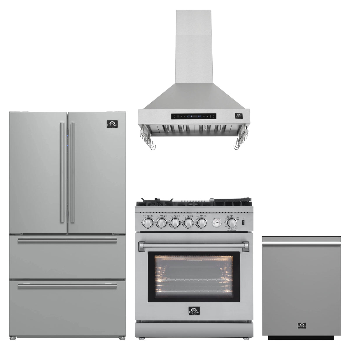 Forno 4-Piece Appliance Package - 30-Inch Gas Range with Air Fryer, Refrigerator, Wall Mount Hood, & 3-Rack Dishwasher in Stainless Steel