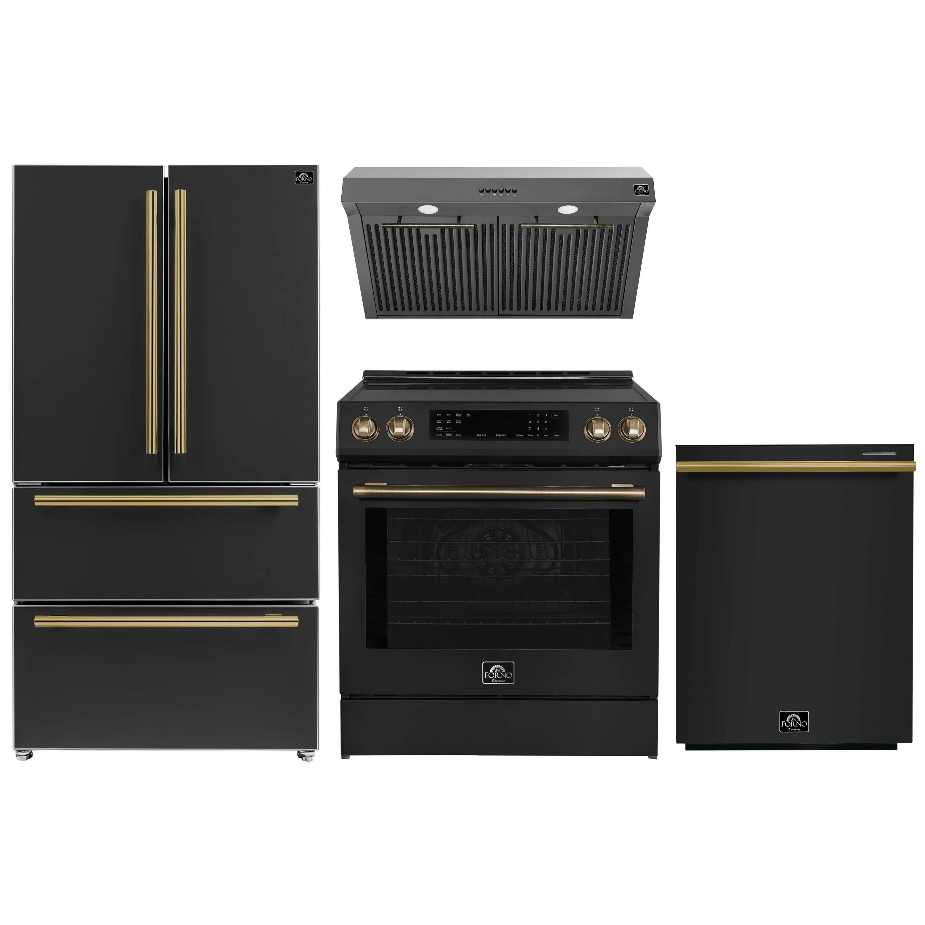 Black appliance package: induction range, hood, refrigerator, dishwasher with brass accents