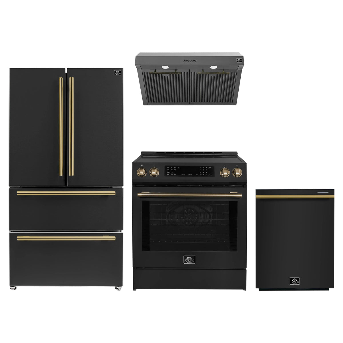 Forno Espresso 4-Piece Appliance Package - 30-Inch Induction Range, Under Cabinet Range Hood, Refrigerator and Dishwasher in Black with Antique Brass Trim