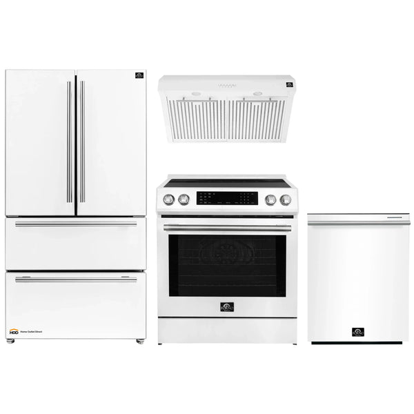 Forno Espresso 4-Piece Appliance Package - 30-Inch Induction Range, Under Cabinet Range Hood, Refrigerator and Dishwasher in White with Stainless Steel Handle