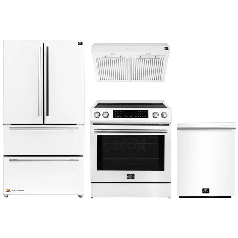 Forno Espresso 4-Piece Appliance Package - 30-Inch Induction Range, Under Cabinet Range Hood, Refrigerator and Dishwasher in White with Stainless Steel Trim