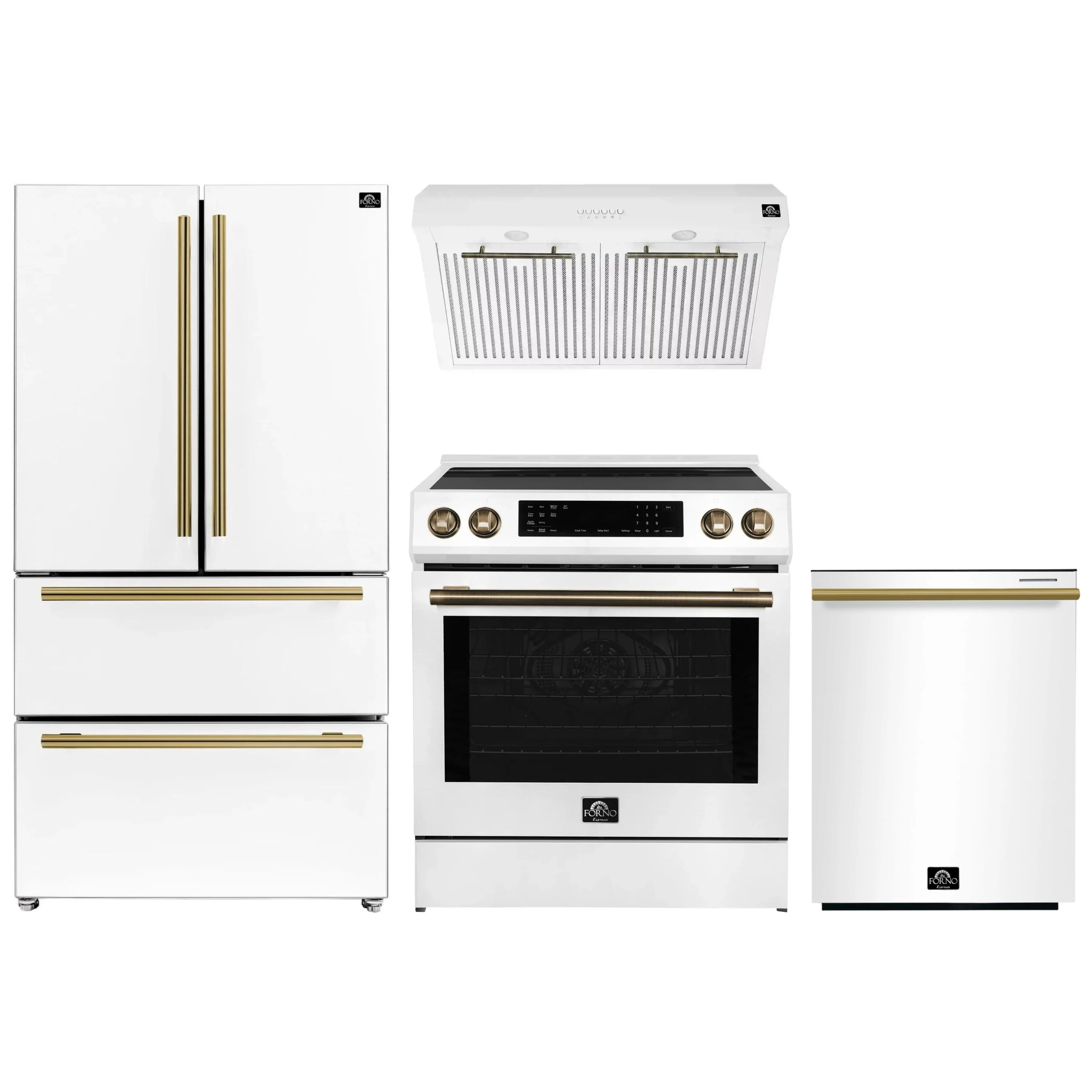 White appliance package with antique brass trim: refrigerator, dishwasher, induction range & hood