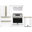 Forno Espresso 4-Piece Appliance Package - 30-Inch Induction Range, Under Cabinet Range Hood, Refrigerator and Dishwasher in White with Antique Brass Trim