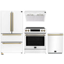 Forno Espresso 4-Piece Appliance Package - 30-Inch Induction Range, Under Cabinet Range Hood, Refrigerator and Dishwasher in White with Antique Brass Trim
