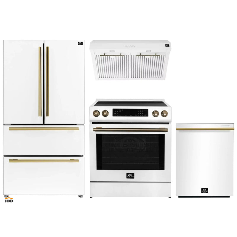 Forno Espresso 4-Piece Appliance Package - 30-Inch Induction Range, Under Cabinet Range Hood, Refrigerator and Dishwasher in White with Antique Brass Trim