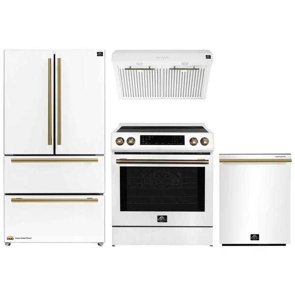 Forno Espresso 4-Piece Appliance Package - 30-Inch Induction Range, Under Cabinet Range Hood, Refrigerator and Dishwasher in White with Brass Handle