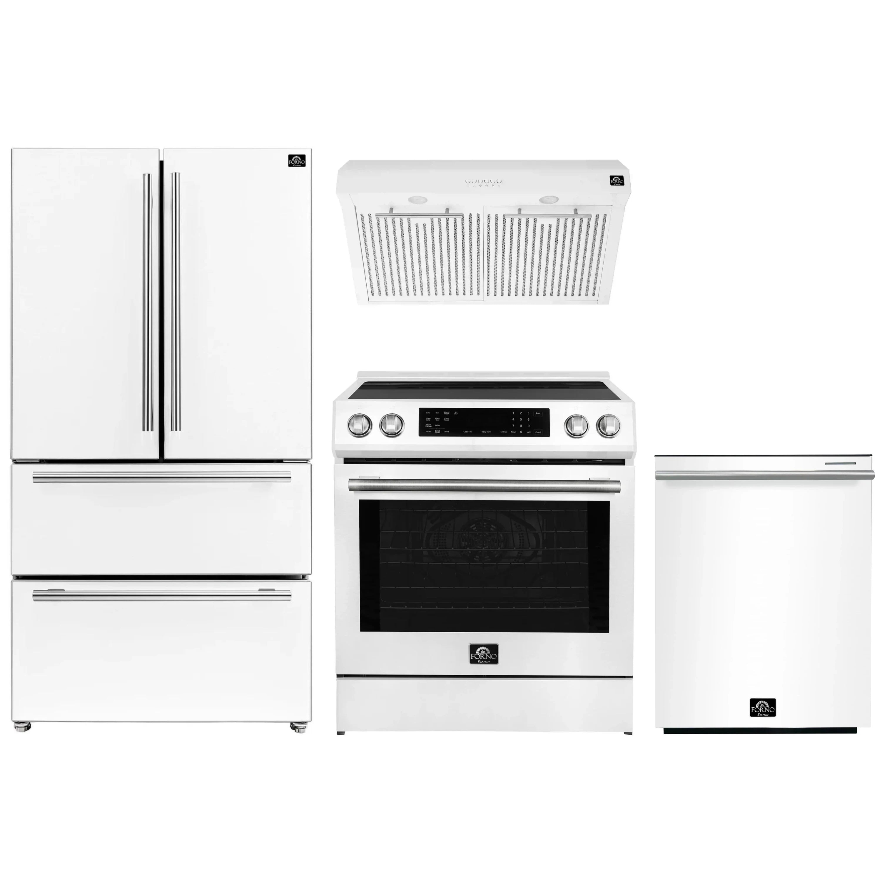 White kitchen appliance set with refrigerator, oven range, and dishwasher front