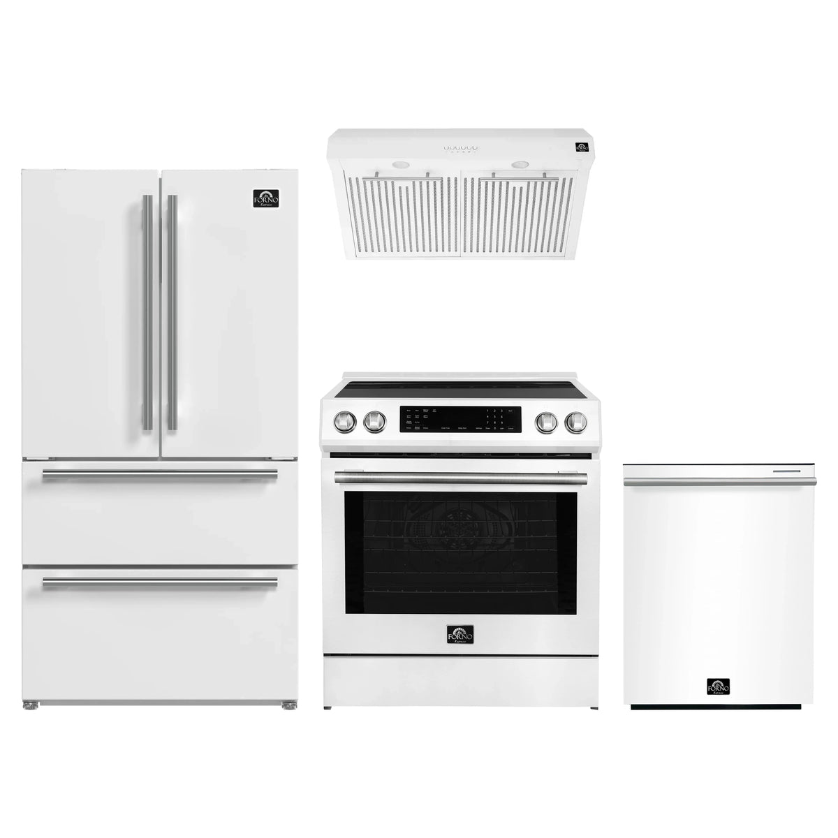 Forno Espresso 4-Piece Appliance Package - 30-Inch Induction Range, Under Cabinet Range Hood, Refrigerator and Dishwasher in White with Stainless Steel Trim
