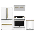 Forno Espresso 4-Piece Appliance Package - 30-Inch Induction Range, Under Cabinet Range Hood, Refrigerator and Dishwasher in White with Antique Brass Trim