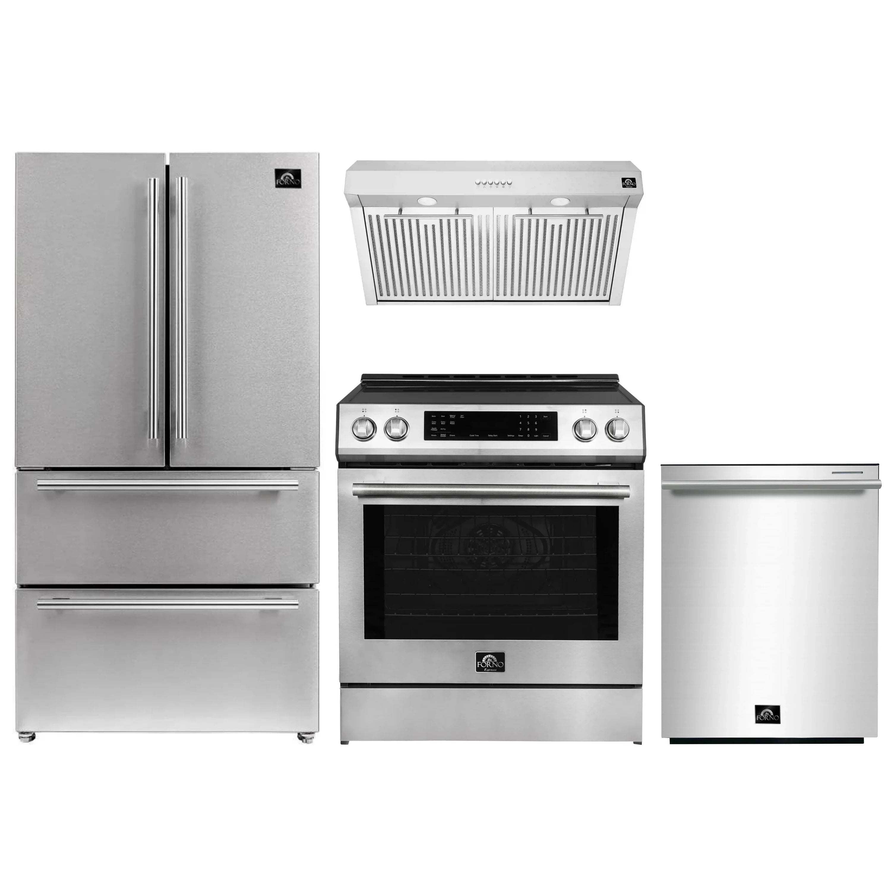 Stainless steel kitchen appliance package with refrigerator, range, dishwasher, and range hood