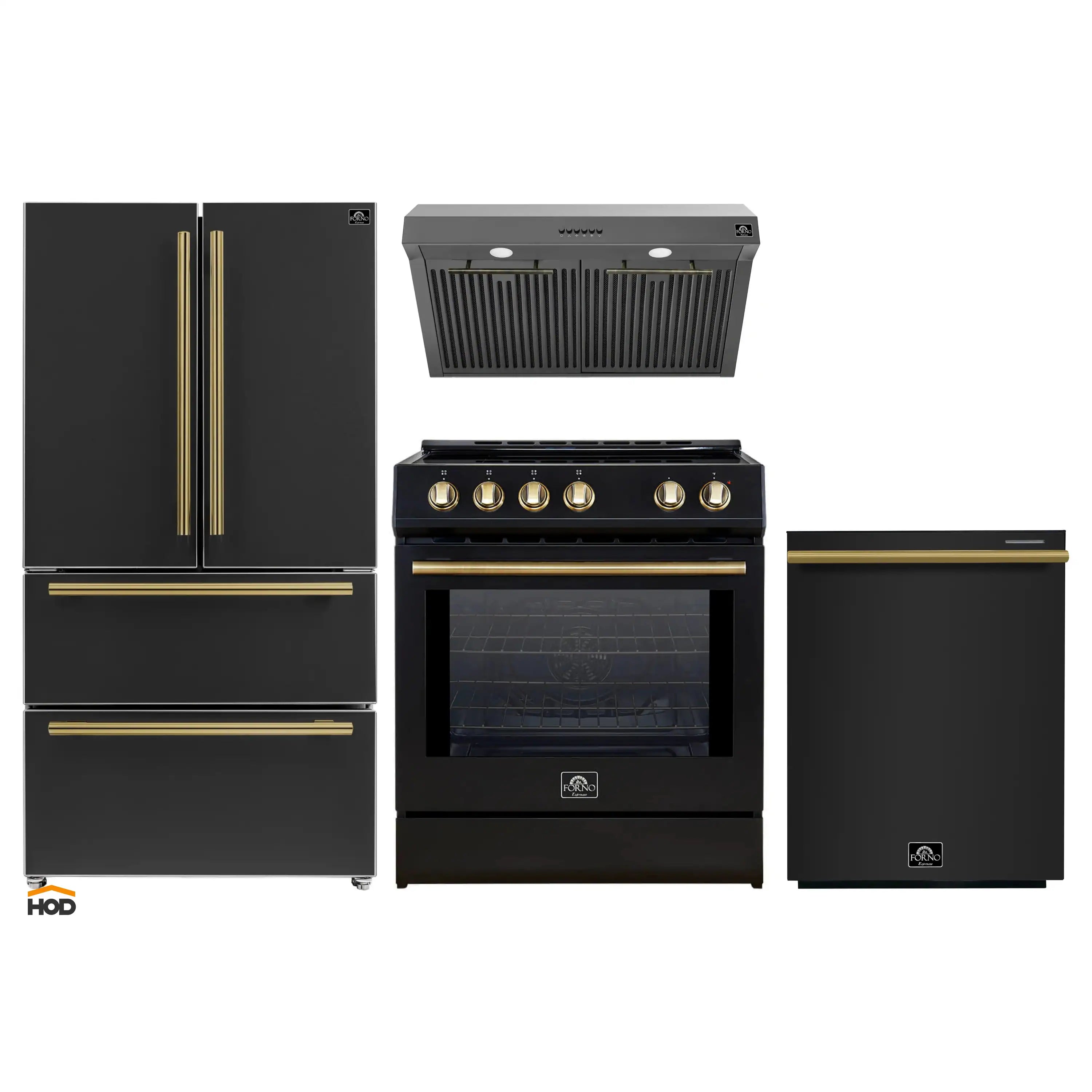 Black appliance package set with antique brass accents: refrigerator, range, hood, dishwasher