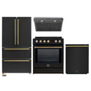Forno 4-Piece Appliance Package - 30-Inch Induction Range, Under Cabinet Range Hood, French Door Refrigerator, and Dishwasher in Black with Antique Brass Trim
